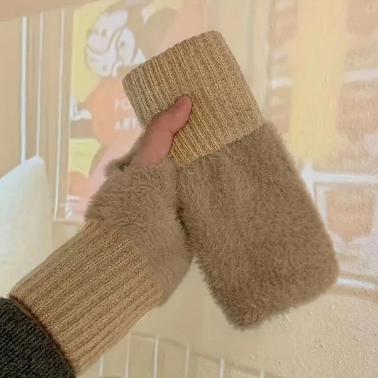 Women's Comfortable Fingerless Gloves - Soft, Warm, and Fashionable Pure White Winter Gloves, Suitable for Cold Weather or Casual Wear, Hand Washable, Ladies' Gloves..khaki