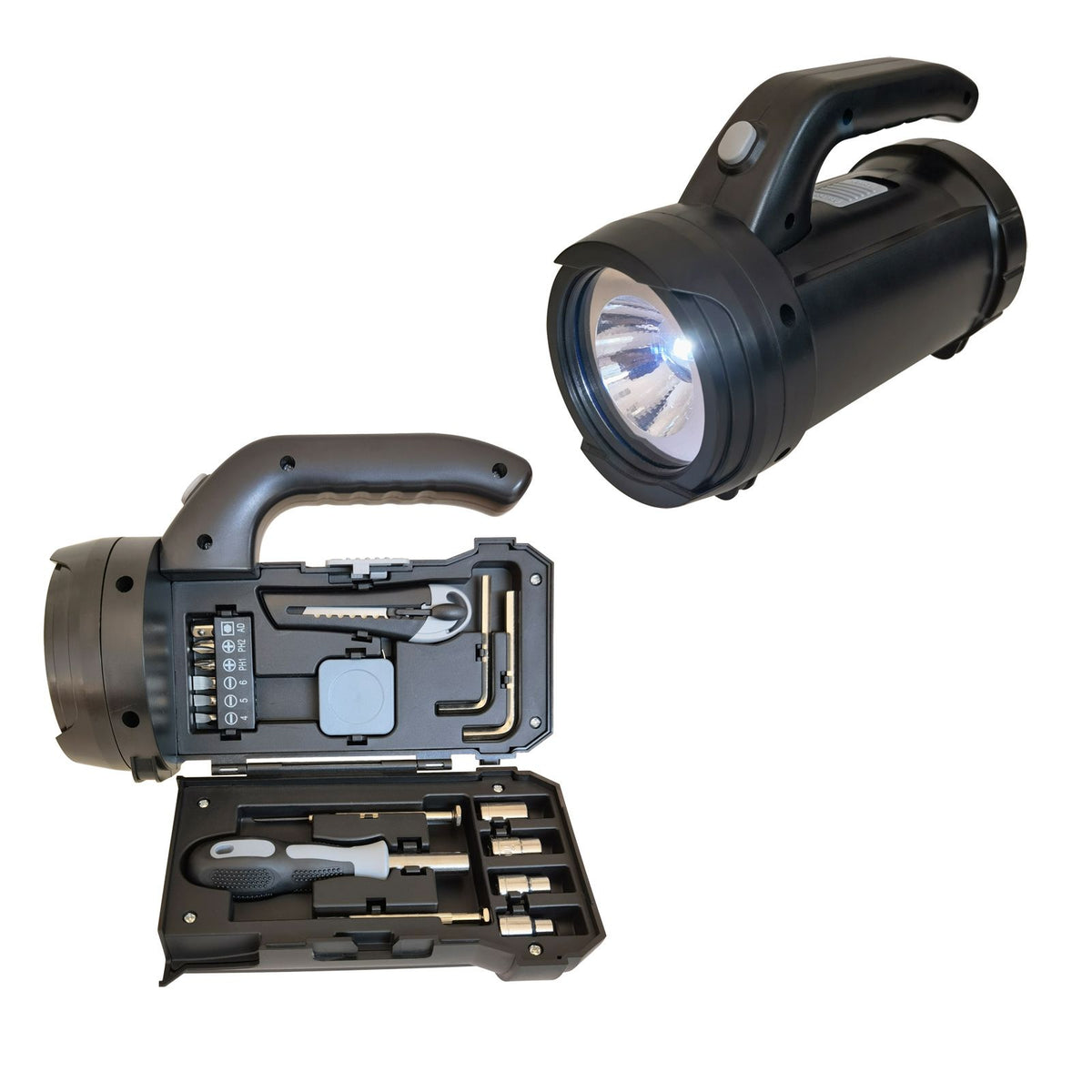 High-Brightness LED Flashlight Tool Set, Includes 6 Bits/Tape Measure/Utility Knife/Sockets, ABS Lightweight Portable, Home & Outdoor Lighting Repair