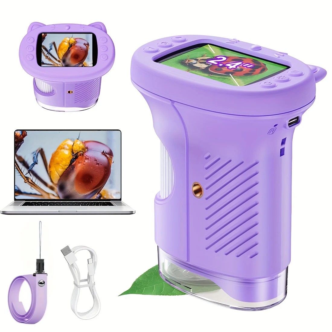 Children's 1000X Digital Microscope 2.4 Inch IPS Screen Portable Mini LED Microscope with Photo Video and PC Connection Science Educational Toy.PINK
