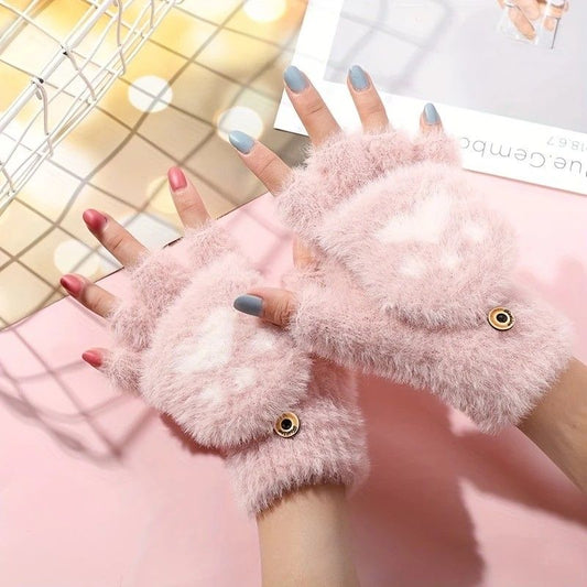 Faux Mink Fingerless Fleece-Lined Warm Gloves – Practical for Autumn/Winter, Heart Design with High-Elastic Cuff, Ideal for Office Use and Daily Hand Warmth.(pink)