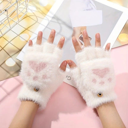 Faux Mink Fingerless Fleece-Lined Warm Gloves – Practical for Autumn/Winter, Heart Design with High-Elastic Cuff, Ideal for Office Use and Daily Hand Warmth.(white)