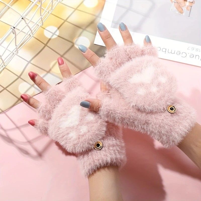 Faux Mink Fingerless Fleece-Lined Warm Gloves – Practical for Autumn/Winter, Heart Design with High-Elastic Cuff, Ideal for Office Use and Daily Hand Warmth.(white)