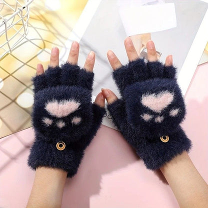 Faux Mink Fingerless Fleece-Lined Warm Gloves – Practical for Autumn/Winter, Heart Design with High-Elastic Cuff, Ideal for Office Use and Daily Hand Warmth.(white)