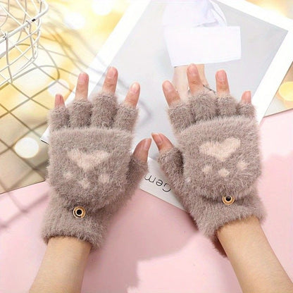 Faux Mink Fingerless Fleece-Lined Warm Gloves – Practical for Autumn/Winter, Heart Design with High-Elastic Cuff, Ideal for Office Use and Daily Hand Warmth.(white)