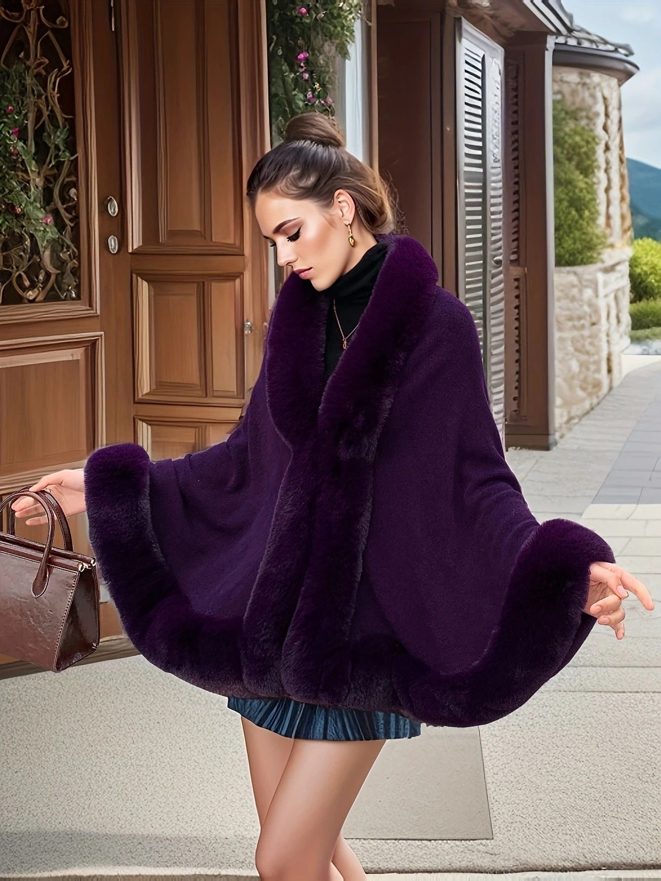 Imitation Mink Collar Knit Shawl: Autumn/Winter Retro Cape, Elegant, Versatile, and Flattering(BLACK)