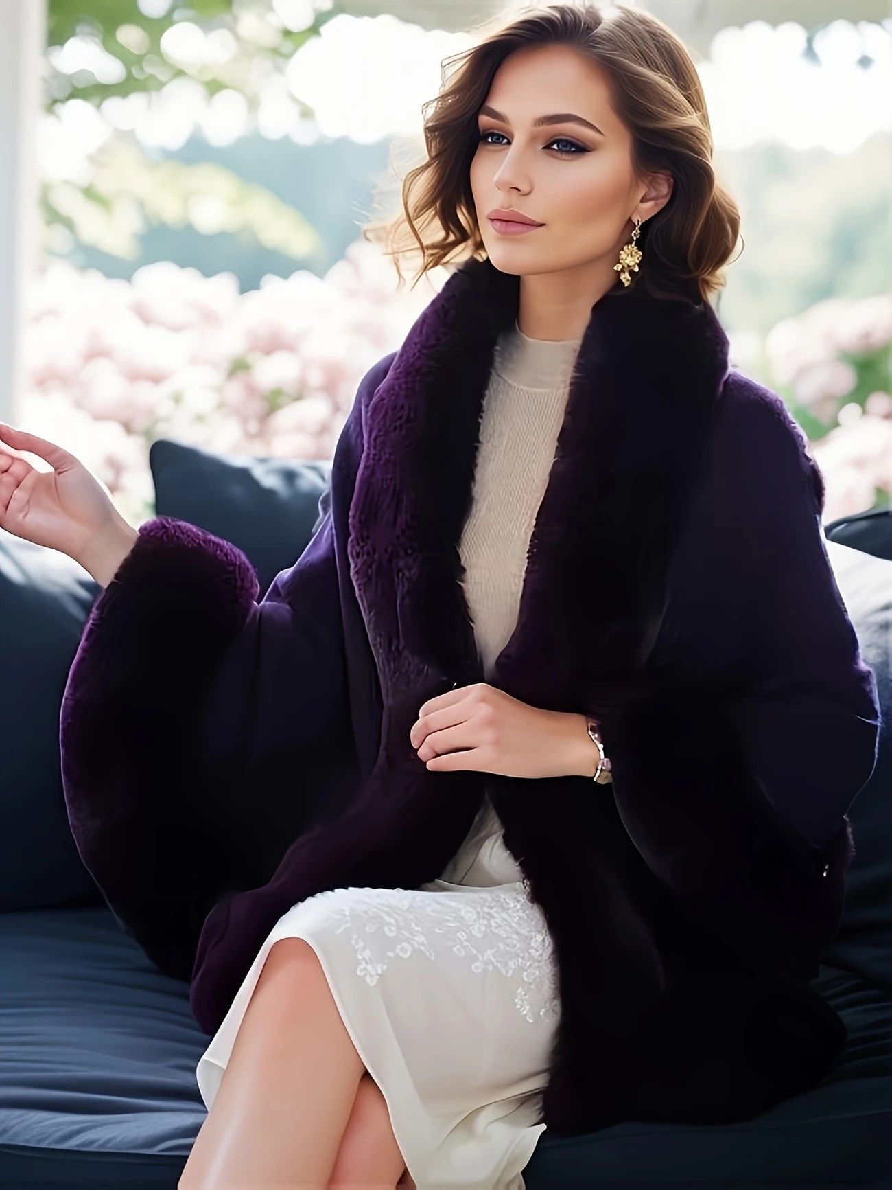 Imitation Mink Collar Knit Shawl: Autumn/Winter Retro Cape, Elegant, Versatile, and Flattering。（claret-red）