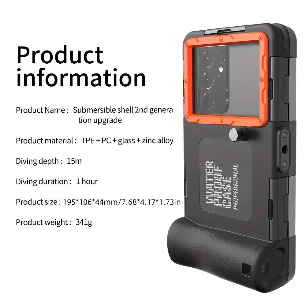 15m Waterproof Phone Case for Diving & Surfing - 1 Hour Underwater Shooting, Dual Seal, Zinc Alloy Buckle, Fits iPhone Samsung Xiaomi up to 6.9 Inch(black+orange)