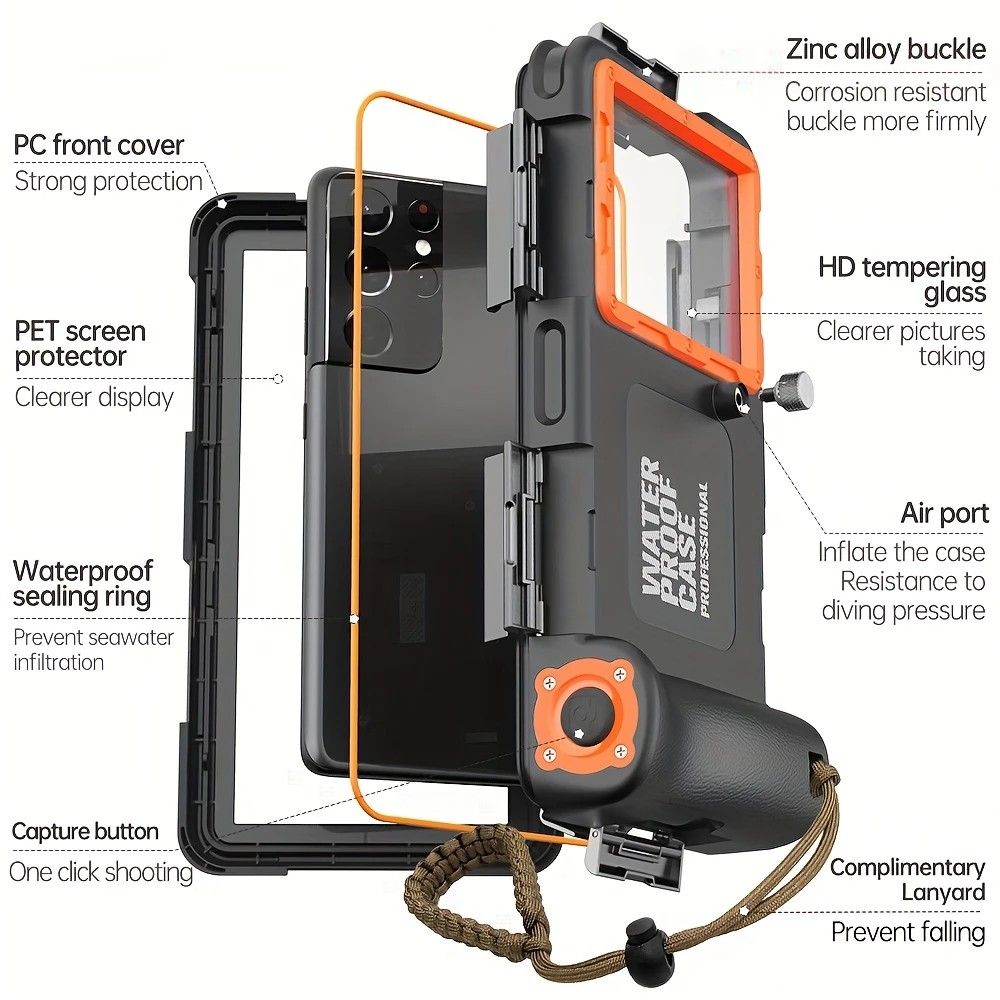 15m Waterproof Phone Case for Diving & Surfing - 1 Hour Underwater Shooting, Dual Seal, Zinc Alloy Buckle, Fits iPhone Samsung Xiaomi up to 6.9 Inch(black+orange)