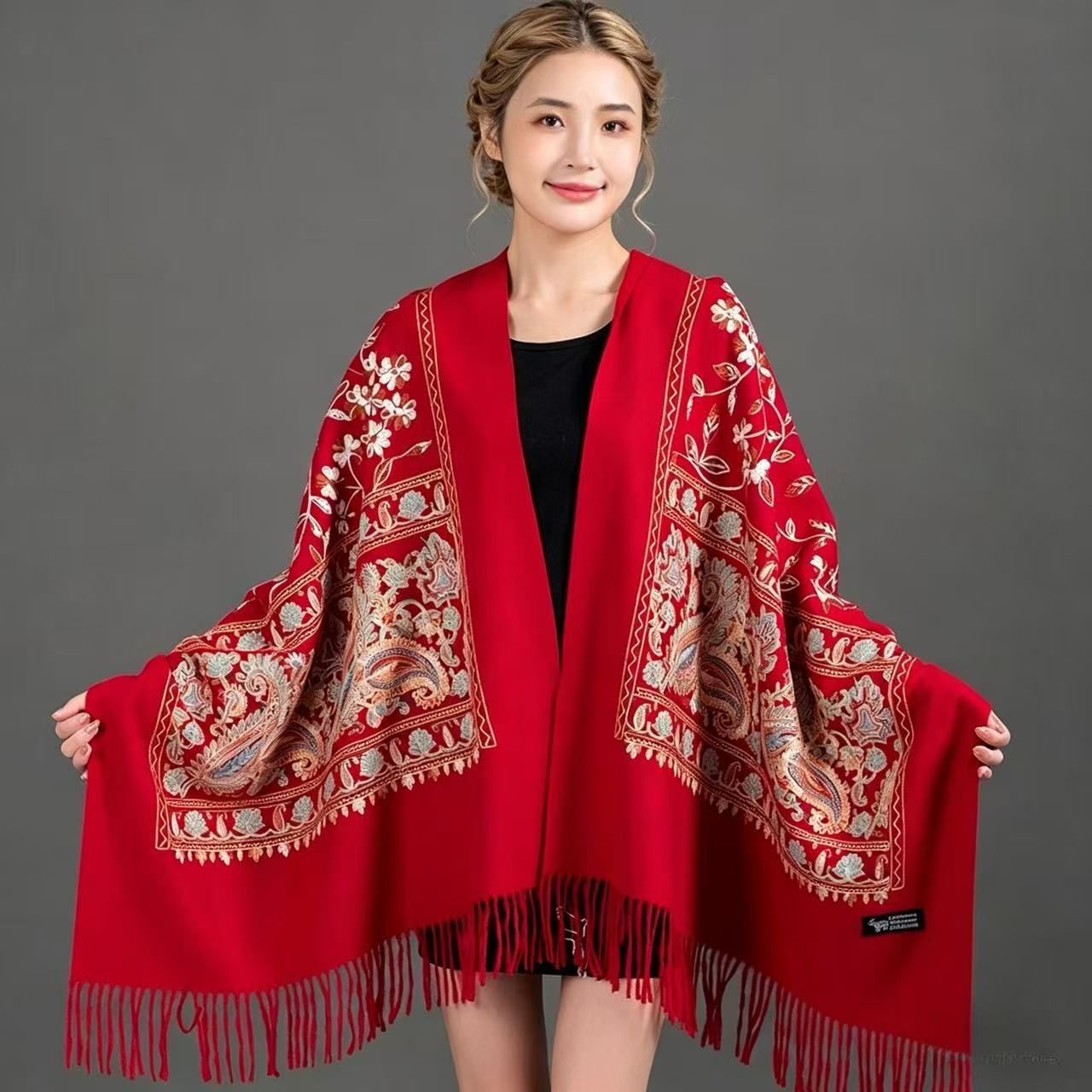 European-American Style Auspicious Embroidered Shawl Scarf, High-End Autumn & Winter Warm Outfit(claret)