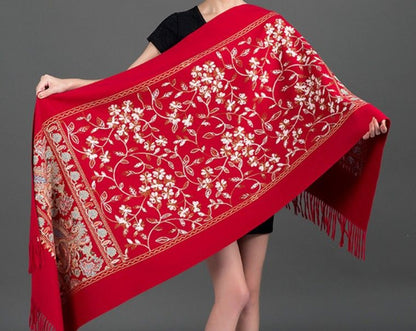 European-American Style Auspicious Embroidered Shawl Scarf, High-End Autumn & Winter Warm Outfit(navy blue)