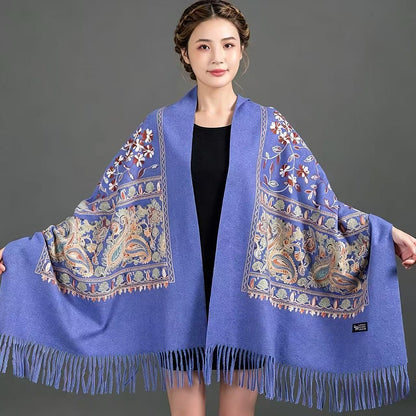 European-American Style Auspicious Embroidered Shawl Scarf, High-End Autumn & Winter Warm Outfit(navy blue)