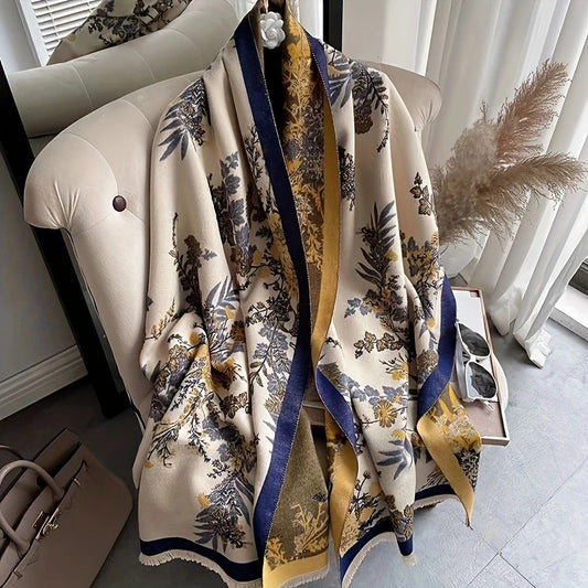 Bohemian-style Faux Cashmere Shawl Scarf, Soft, Warm, and Stylish for Autumn and Winter(BLUE)