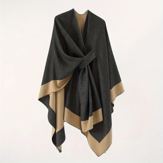 Solid Color Striped-Border Faux Cashmere Shawl Scarf, Minimalist Versatile Autumn Winter Warmth Elegant Accessory(black)