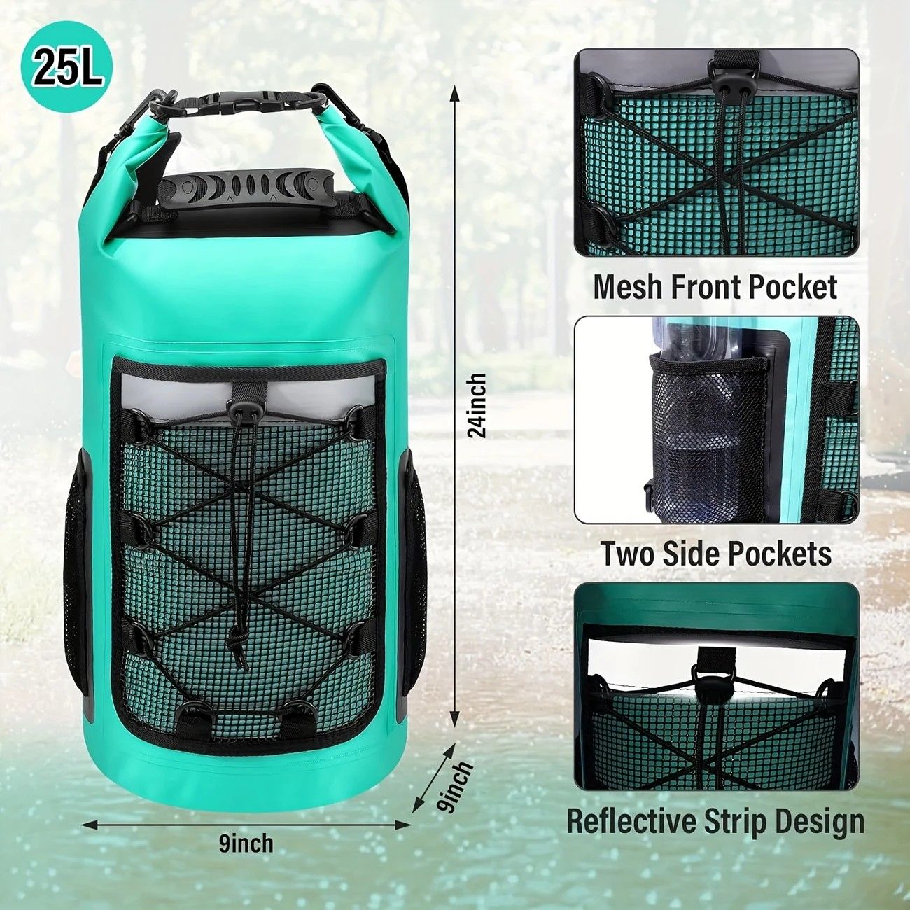 25L Large Capacity Waterproof Backpack Double Layer Rainproof Dry Wet Separation Abrasion Resistant Night Reflective for Outdoor Camping Kayaking Surfing Canyoning Daily Commute(ching; cyan)