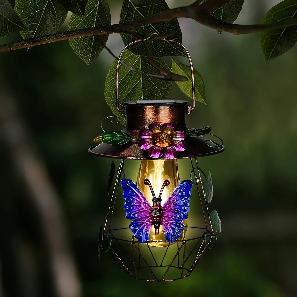 Wrought Iron Dragonfly Mesh Solar Garden Light, Vintage Tungsten Bulb, 0.06W, Light Sensor, Outdoor Patio Decor