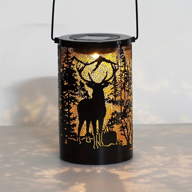 Solar Vintage Deer Shadow Metal Lantern, Iron Hollow Garden Light, 600mAh Ni Battery, Auto Light Control, Outdoor Camping Decor