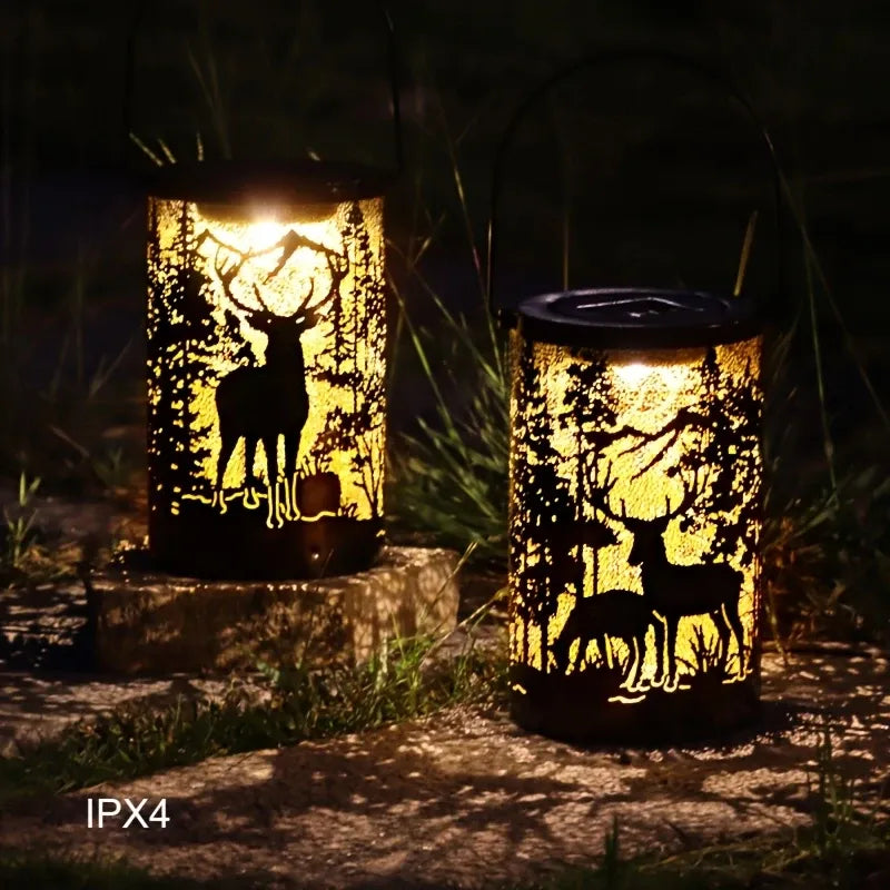 Solar Vintage Deer Shadow Metal Lantern, Iron Hollow Garden Light, 600mAh Ni Battery, Auto Light Control, Outdoor Camping Decor