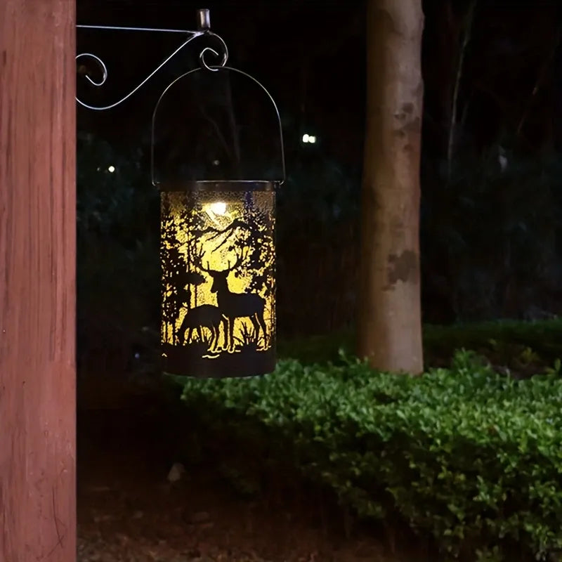 Solar Vintage Deer Shadow Metal Lantern, Iron Hollow Garden Light, 600mAh Ni Battery, Auto Light Control, Outdoor Camping Decor