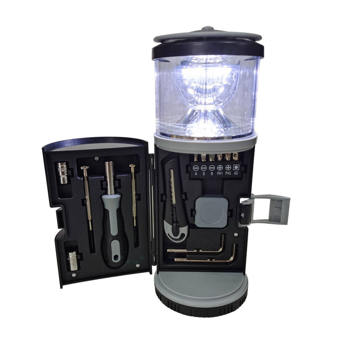 Multi-Functional Camping Lantern Tool Set, 6 White + 4 Red LED, Built-in Bits/Tape Measure/Utility Knife/Sockets, ABS Lightweight Portable, Outdoor Lighting & Home Repair