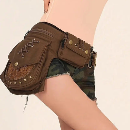 Retro Casual European and American Style Simple and Fashionable Multifunctional Waist Bag, High-Quality Design with Lace Stitching, Rivets, Tie-Fasten Belt Decoration, Daily Portable Practical Outdoor Sports Phone Bag