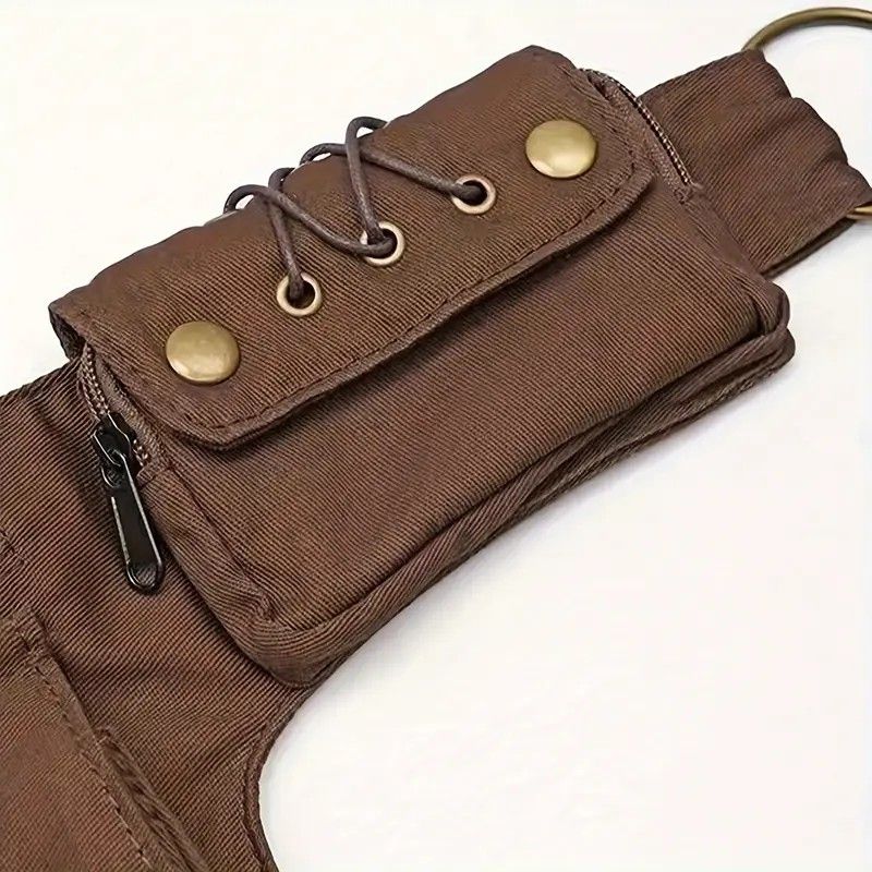 Retro Casual European and American Style Simple and Fashionable Multifunctional Waist Bag, High-Quality Design with Lace Stitching, Rivets, Tie-Fasten Belt Decoration, Daily Portable Practical Outdoor Sports Phone Bag
