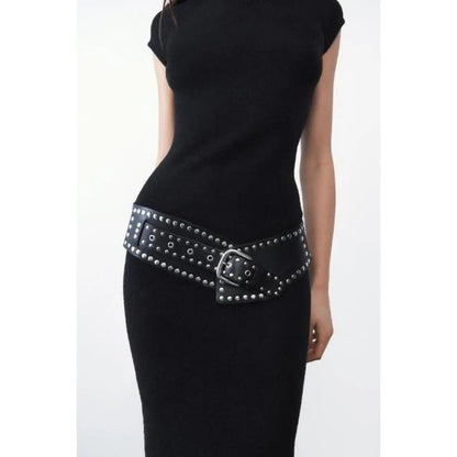 Women's Punk-Style PU Belt: Metal Stud and Buckle Decoration, Daily Streetwear Personality Accessory。（Black silver rivet）
