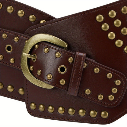 Women's Punk-Style PU Belt: Metal Stud and Buckle Decoration, Daily Streetwear Personality Accessory。（Black silver rivet）