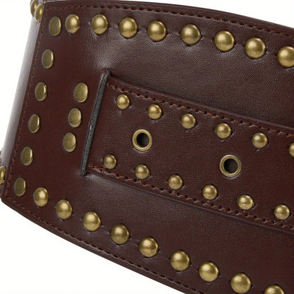 Women's Punk-Style PU Belt: Metal Stud and Buckle Decoration, Daily Streetwear Personality Accessory（Bright brown）