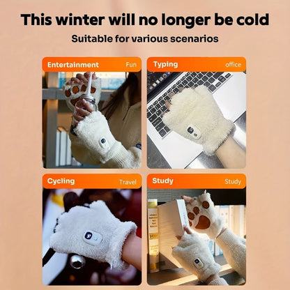 WHITE Cat Paw Fingerless Electric Heating Gloves, 3 adjustable heating levels, washable, 2000mAh battery, fluffy and warm, perfect for study and entertainment, ideal gift for birthdays and Christmas.