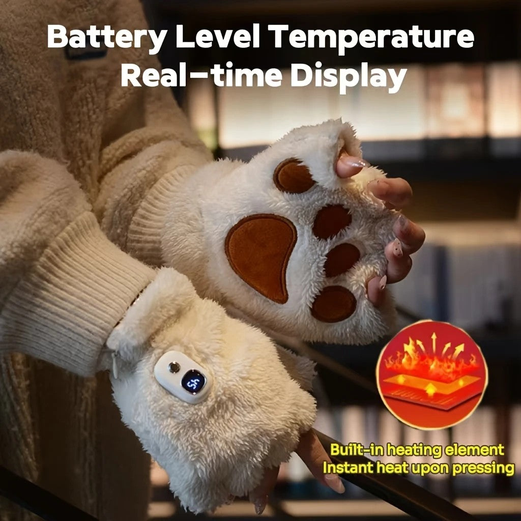 WHITE Cat Paw Fingerless Electric Heating Gloves, 3 adjustable heating levels, washable, 2000mAh battery, fluffy and warm, perfect for study and entertainment, ideal gift for birthdays and Christmas.