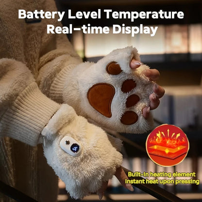 WHITE Cat Paw Fingerless Electric Heating Gloves, 3 adjustable heating levels, washable, 2000mAh battery, fluffy and warm, perfect for study and entertainment, ideal gift for birthdays and Christmas.