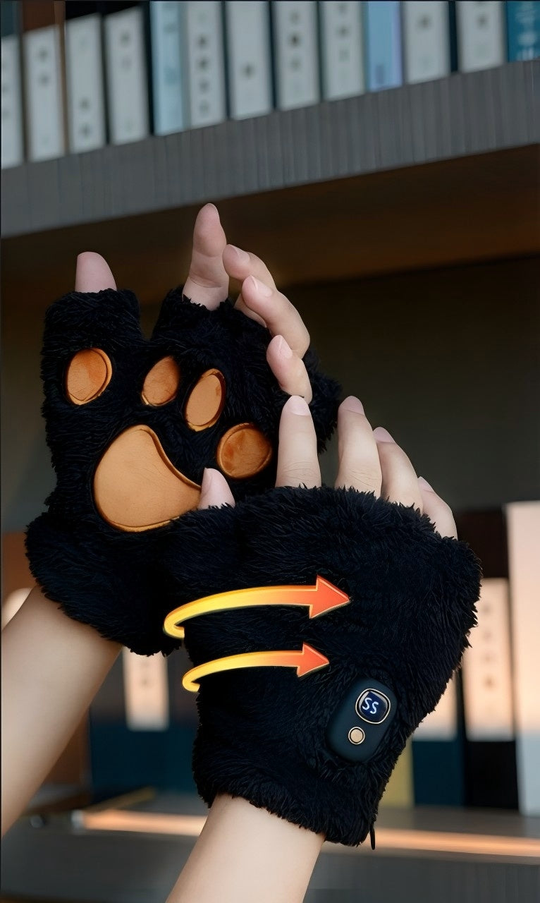 WHITE Cat Paw Fingerless Electric Heating Gloves, 3 adjustable heating levels, washable, 2000mAh battery, fluffy and warm, perfect for study and entertainment, ideal gift for birthdays and Christmas.
