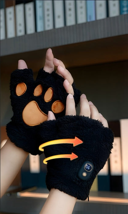WHITE Cat Paw Fingerless Electric Heating Gloves, 3 adjustable heating levels, washable, 2000mAh battery, fluffy and warm, perfect for study and entertainment, ideal gift for birthdays and Christmas.