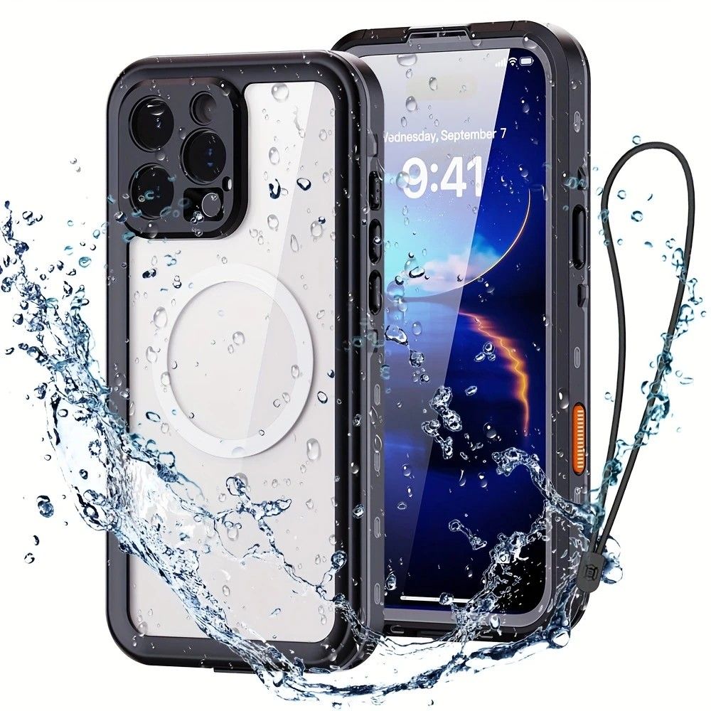 iPhone 16 Pro Max Waterproof Phone Case IP68 Drop Protection Snow Dust Resistant with Lanyard for Swimming Skiing Off Road Adventures(black)