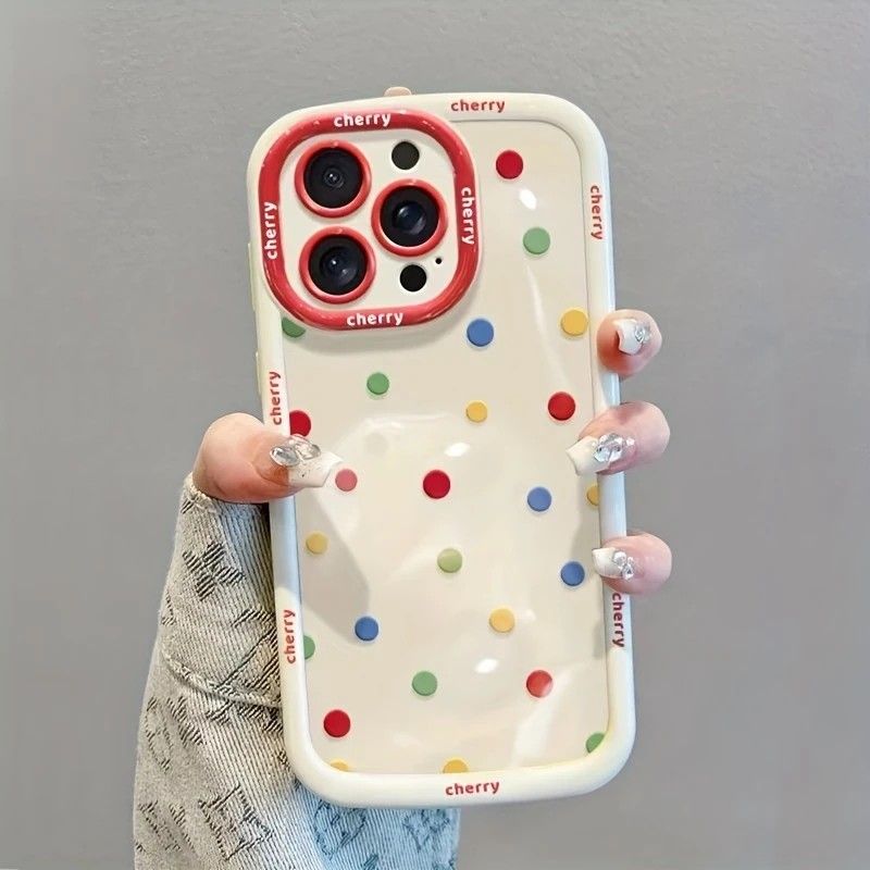 Creamy White Shell Cherry Painting iPhone Case Silicone Drop Protection Full Lens Cover with Lanyard Cute Polka Dot Design(iPhone16)
