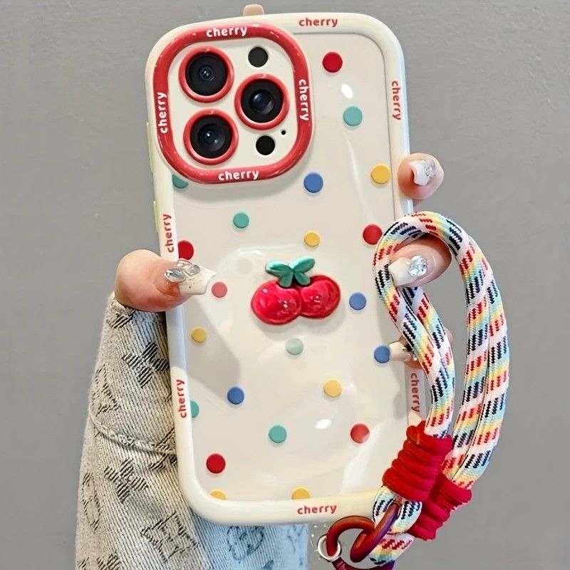 Creamy White Shell Cherry Painting iPhone Case Silicone Drop Protection Full Lens Cover with Lanyard Cute Polka Dot Design(iPhone16pro)