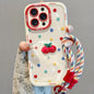 Creamy White Shell Cherry Painting iPhone Case Silicone Drop Protection Full Lens Cover with Lanyard Cute Polka Dot Design(iPhone16pro)