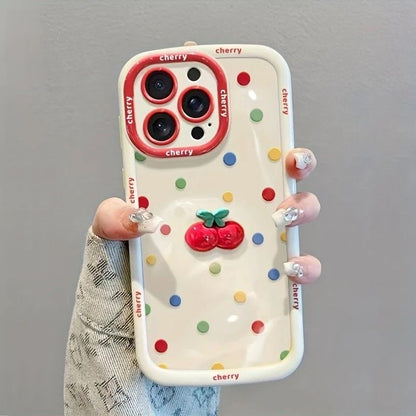 Creamy White Shell Cherry Painting iPhone Case Silicone Drop Protection Full Lens Cover with Lanyard Cute Polka Dot Design(iPhone17)