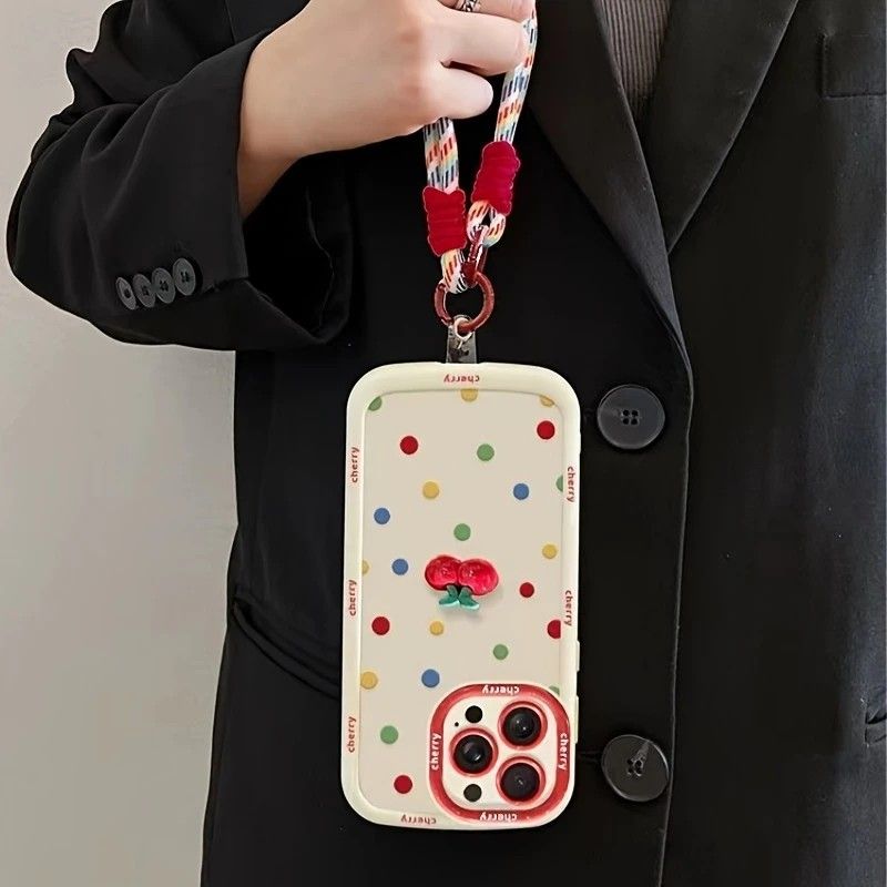 Creamy White Shell Cherry Painting iPhone Case Silicone Drop Protection Full Lens Cover with Lanyard Cute Polka Dot Design(iPhone17)