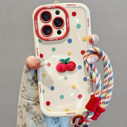 Creamy White Shell Cherry Painting iPhone Case Silicone Drop Protection Full Lens Cover with Lanyard Cute Polka Dot Design(iPhone17 promax)