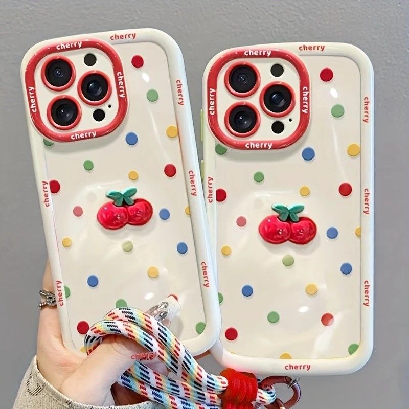 Creamy White Shell Cherry Painting iPhone Case Silicone Drop Protection Full Lens Cover with Lanyard Cute Polka Dot Design(iPhone17 air)