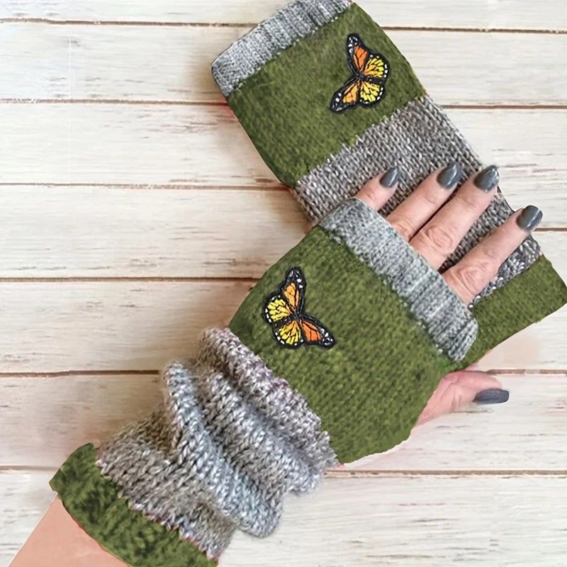 Fashion Color-Block Butterfly Embroidered Knit Gloves, Warm Fit 8.5×22cm, Practical Sweet Stylish Essential for Autumn/Winter Outfits(GREEN)