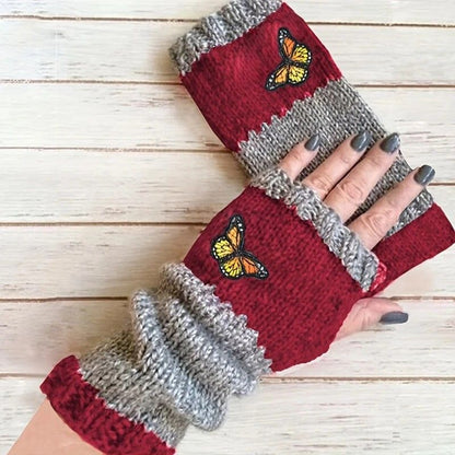 Fashion Color-Block Butterfly Embroidered Knit Gloves, Warm Fit 8.5×22cm, Practical Sweet Stylish Essential for Autumn/Winter Outfits(GREEN)