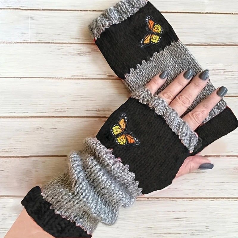 Fashion Color-Block Butterfly Embroidered Knit Gloves, Warm Fit 8.5×22cm, Practical Sweet Stylish Essential for Autumn/Winter Outfits(GREEN)