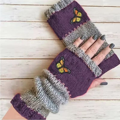 Fashion Color-Block Butterfly Embroidered Knit Gloves, Warm Fit 8.5×22cm, Practical Sweet Stylish Essential for Autumn/Winter Outfits(GREEN)