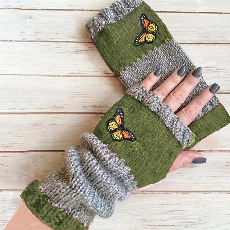 Fashion Color-Block Butterfly Embroidered Knit Gloves, Warm Fit 8.5×22cm, Practical Sweet Stylish Essential for Autumn/Winter Outfits(orange (colour))