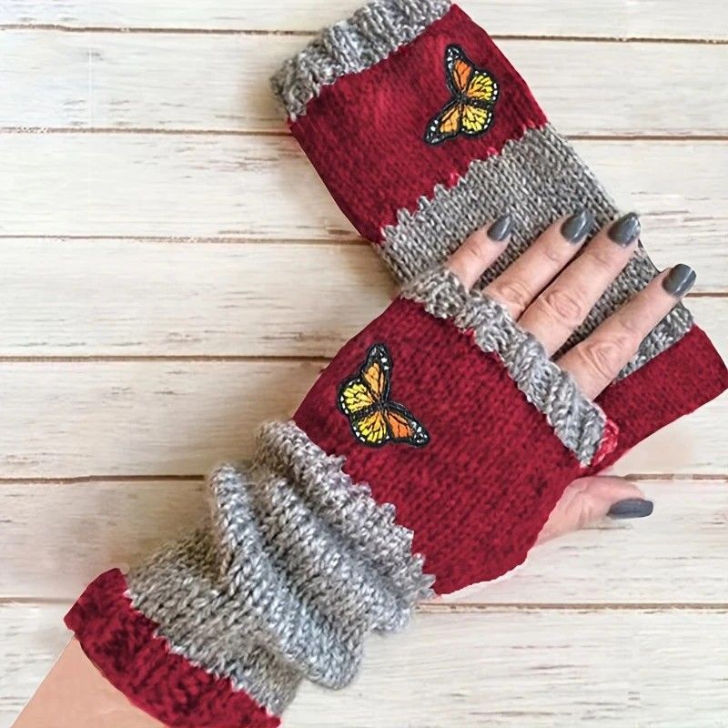 Fashion Color-Block Butterfly Embroidered Knit Gloves, Warm Fit 8.5×22cm, Practical Sweet Stylish Essential for Autumn/Winter Outfits(orange (colour))