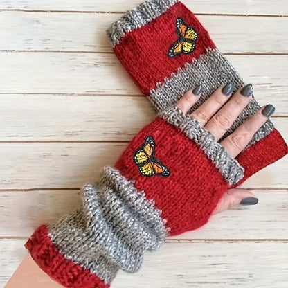 Fashion Color-Block Butterfly Embroidered Knit Gloves, Warm Fit 8.5×22cm, Practical Sweet Stylish Essential for Autumn/Winter Outfits(orange (colour))