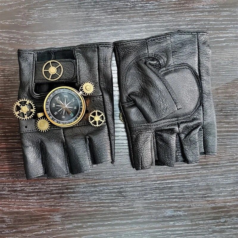 Steampunk Compass Half - Finger Gloves: Pure Sheepskin with Gear Decor, Retro Mechanical Style, Flexible & Versatile。golden