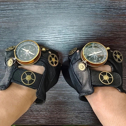 Steampunk Compass Half - Finger Gloves: Pure Sheepskin with Gear Decor, Retro Mechanical Style, Flexible & Versatile。golden